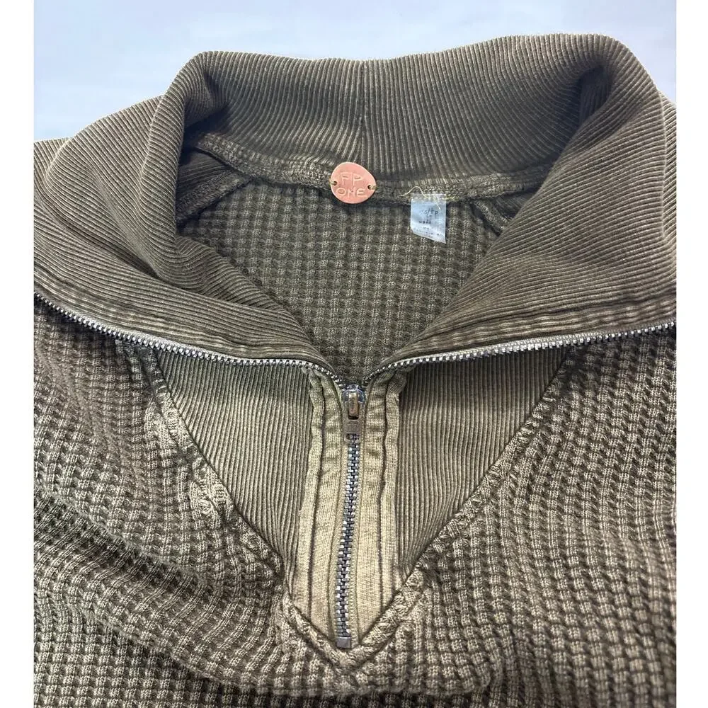 Free People Women’s XS Ashton Zip Thermal Pullover Green Minimalist Contemporary